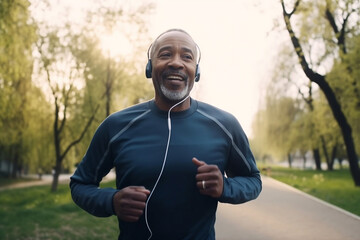 African American black man running on a jogging path wearing headphones listening to music while exercising. generative AI