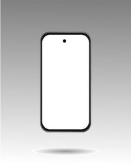 Detailed realistic black smartphone with white screen on grey background. 