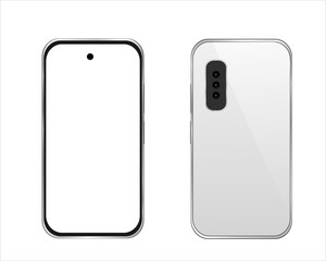 Detailed realistic silver smartphone with white screen on white background, front and back.