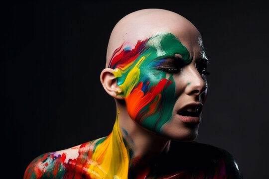 Bald woman in anguish with colorful paint on her face. generative AI