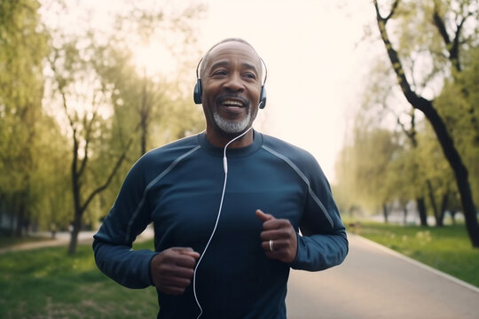 African American Black Man Running On A Jogging Path Wearing Headphones Listening To Music While Exercising. Generative AI