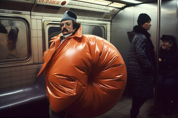 Strange man in a subway wearing absurd inflatable orange fashion. Blow up bean bag pants, generative AI