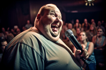 Obese comedian telling jokes in a comedy club. generative AI - obrazy, fototapety, plakaty