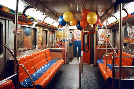 Vintage New York City subway train car with retro orange colors. generative AI