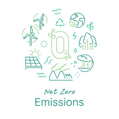 Net zero emissions concept vector illustration. Line art style light background design for Article, Web page, Banner, Poster, Print ad, etc.