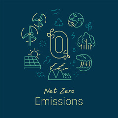 Net zero emissions concept vector illustration. Line art style dark background design for Article, Web page, Banner, Poster, Print ad, etc.