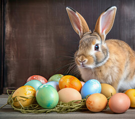 Fototapeta na wymiar Easter Bunny with many colorful easter eggs