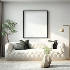 Mock up poster frame in modern interior background, living room, Scandinavian style, 3D render, 3D illustration