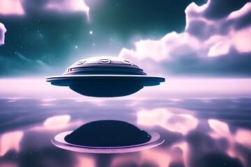 Obraz premium an alien plate floating in the clouds over the lake, wandering motionless in the sky - generative ai