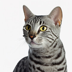 Adorable egyptian mau cat portrait looking at camera on white isolated background as concept of domestic pet in ravishing hyper realistic detail by Generative AI.