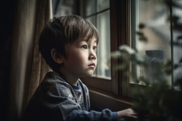 Sad asian adorable boy looking at the window