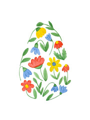 Watercolor flowers in egg shape isolated. Hand drawn watercolour wild flowers in Easter egg shape greeting card