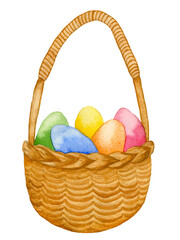 Watercolor wicker basket with colored eggs. High quality hand drawn Easter basket with eggs illustration