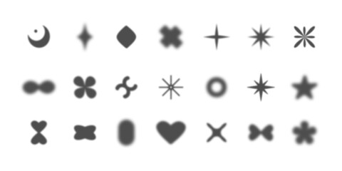 Abstract blur shapes, blurry heart and floral aesthetic elements. Blur stars, moons. Various geometric shapes with blur effect vector set. EPS 10