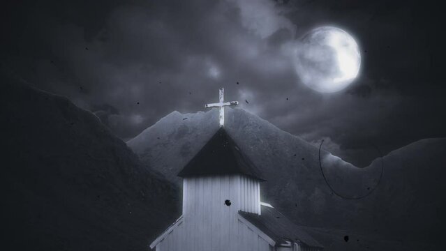Moonlight Church House Cross Mountains Background Retro Style Zoom In. Full moon above an old church house in the mountains, retro style zoom in. Old film texture