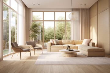 Fototapeta na wymiar The decor of a contemporary villa living room features beige furniture, bright walls, hardwood flooring, a sofa, and an armchair with a light. Relaxation idea. Generative AI