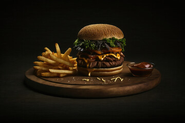 AI generated big hot burger cheeseburger sandwich with beef and cheese on black background