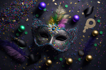 Mardi gras mask with lot of shiny confetti glitter and feathers. Neural network AI generated art