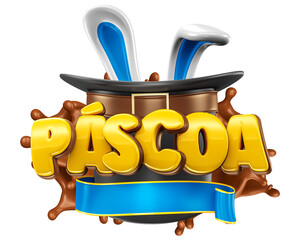 Easter label with top hat and bunny in brazilian portuguese 3d render realistic