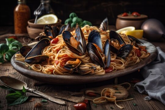 Mediterranean meal includes spaghetti cooked with shellfish. Generative AI