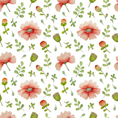 Watercolor botanical seamless pattern with red flowers, flowers buds,  leaves. Delicate floral background for textiles, fabrics, wrapping paper.