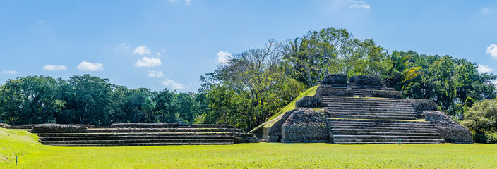 A panorama view towards the far side of the first plaza in the ancient Mayan city of Altun Ha ruins...