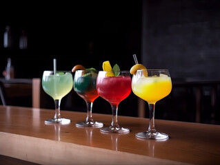 Bunte Cocktails auf einer Theke in einer Bar