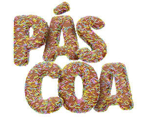 Easter name with chocolate texture and colorful sprinkles in Brazilian Portuguese in realistic 3d render