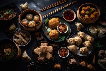 Dark background with Chinese food. Dim sum, spring rolls, peking duck, Chinese noodles, fried rice, and dumplings. Set of well known Chinese dishes. For text only. looking up. Concept for a Chinese re - obrazy, fototapety, plakaty