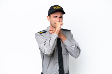 Young safeguard man over isolated white background is suffering with cough and feeling bad