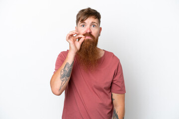 Redhead man with long beard isolated on white background showing a sign of silence gesture