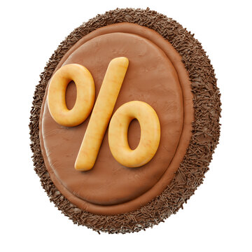 Percent symbol icon with chocolate texture and sprinkles in realistic 3d render