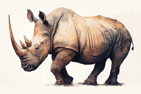 Rhino illustration on white light background. Full body length side view. Generative AI.