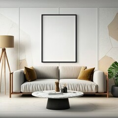 Mockup poster frame on the wall of living room with kitchen and dining room. Luxurious apartment background with contemporary design. Modern interior design. 3D render, 3D illustration