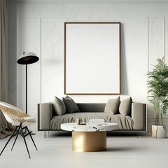 Mockup poster frame on the wall of living room with kitchen and dining room. Luxurious apartment background with contemporary design. Modern interior design. 3D render, 3D illustration