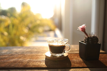 coffee glass cup and pink cactus flower in a pot on wooden table with natural sunshine