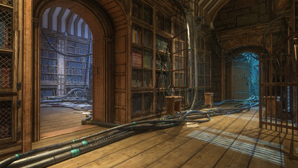 Old library interior with wooden floor, panelled walls, bookcases and futuristic sci-fi equipment. 3D rendering.