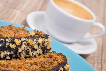 Zucchini dough and cup of white coffee on board. Delicious dessert