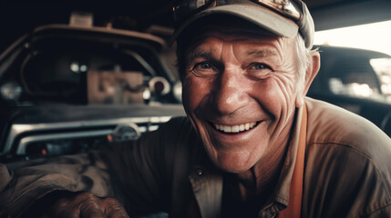 Car mechanic smiling, working on a car, repair and service, garage, small business, generative ai
