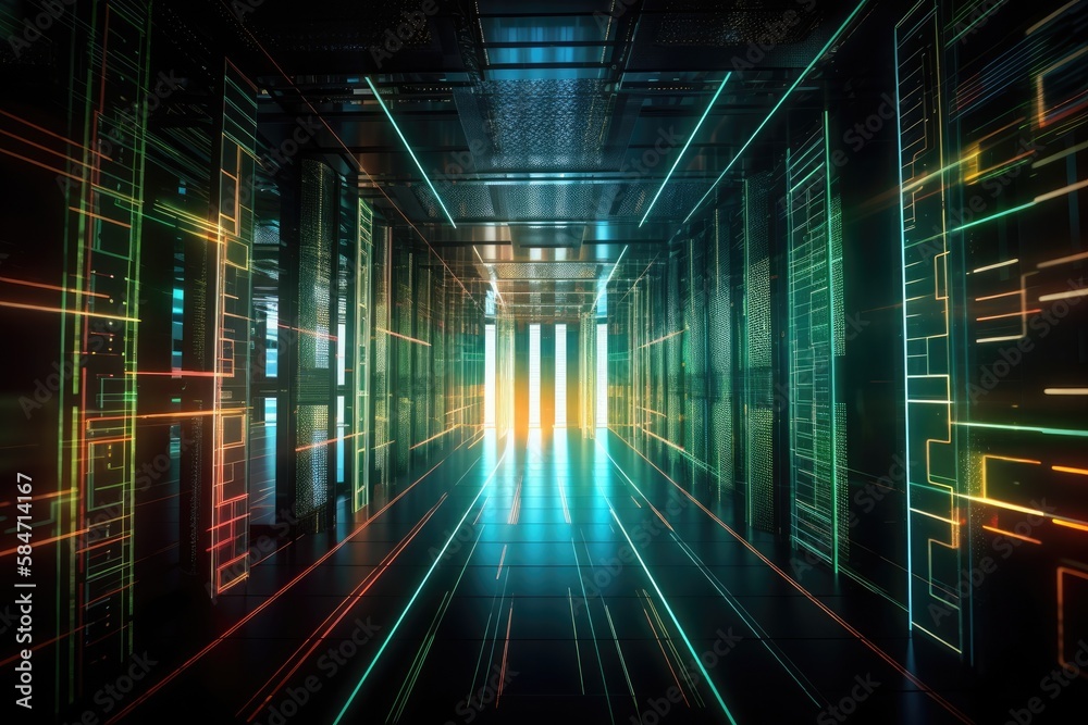 Poster mainframe sequence in a light stream visualization from the future. generative ai