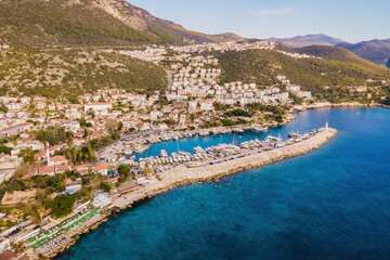 Kas beautiful small town on mediterranean coast in Turkey, aerial wide shot
