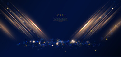 Elegant golden stage diagonal glowing with lighting effect sparkle on dark blue background. Template premium award design.