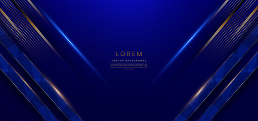 Abstract elegant dark blue background with golden line and lighting effect sparkle. Luxury template award design.