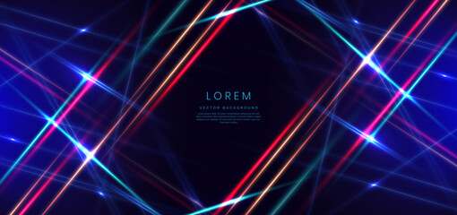 Abstract technology futuristic glowing neon blue and red light lines with speed motion movingon dark blue background.