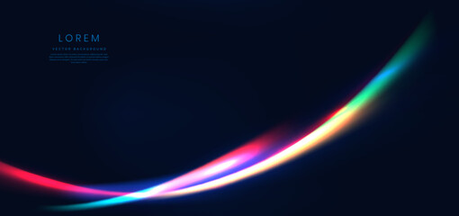 Abstract futuristic neon light curved red, blue, yellow and pink on dark blue background.