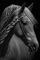 Generative ai black and white horse with braids isolated