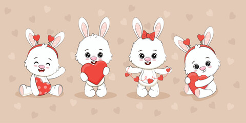 Cute cartoon bunny cub with a heart for your disign. Valentine's day, mothers Day,weddings card.Vector illustration