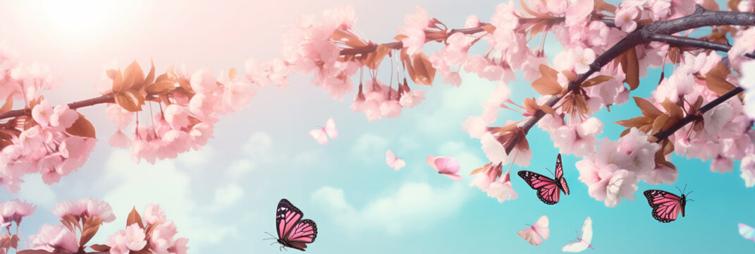 Sakura Serenity: A Delicate Background of Cherry Blossom Branches and Butterflies. Generative AI. © Marina Varnava
