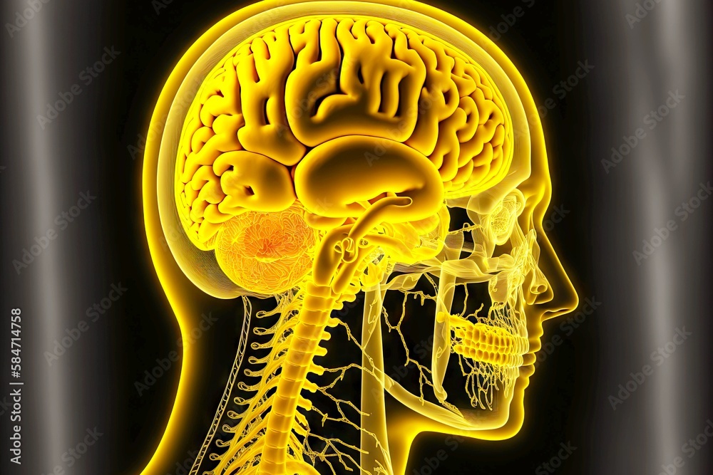 Sticker Bright yellow model of human brain depicting vessels and convolutions, created with generative ai