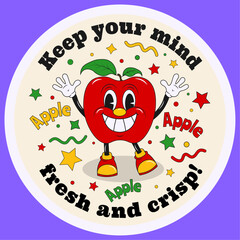 Retro, vintage funny comic character fruit cartoon sticker. Red apple with happy smiling face, colorful flat style character with typography elements. Vector illustration of fruit in trendy style.